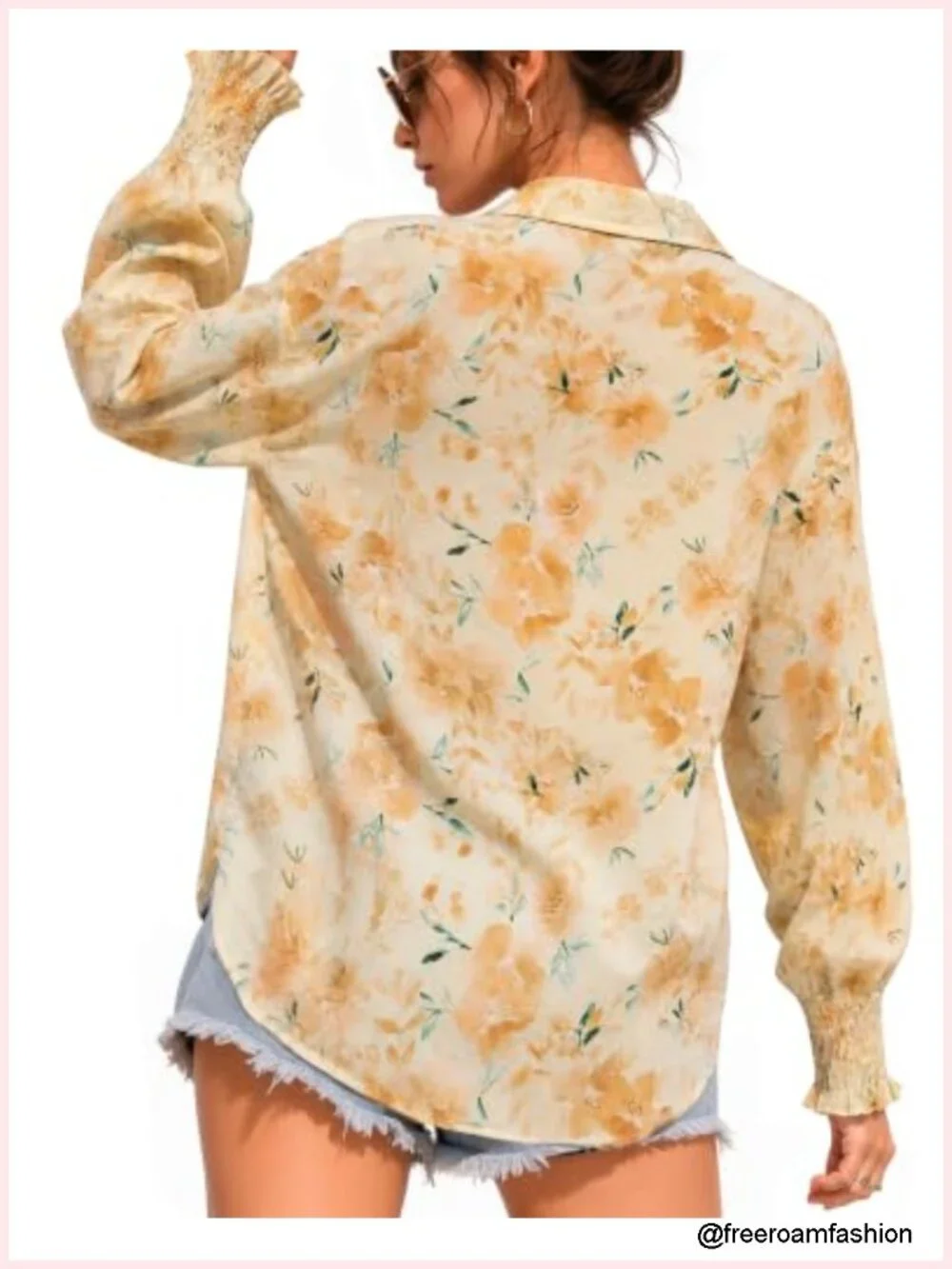 Boho Floral V Neck Button Down Blouse Long Sleeve Smocked Cuffs